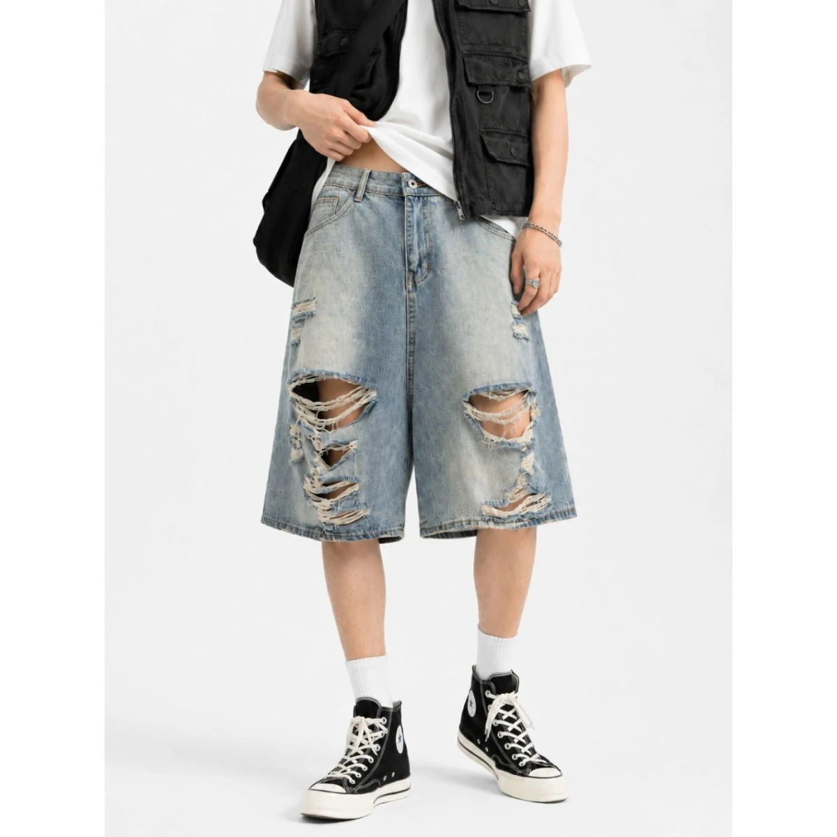 

American Retro Large Size Washed Hole High Street Straight Leg Jeans Shorts Men Loose Slim Wide Leg Five Parts Trendy Pants