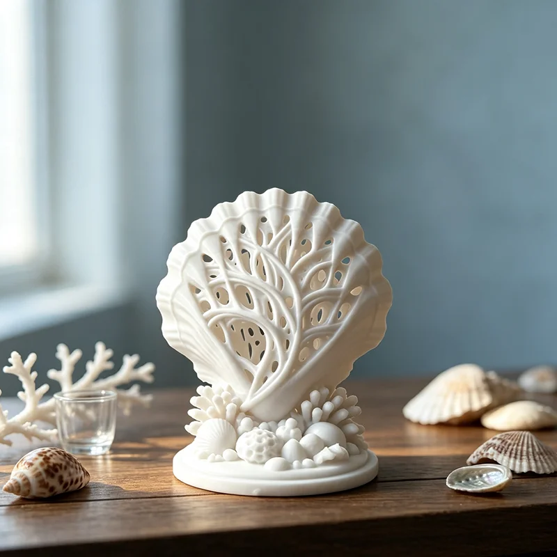 Nautical Ocean Themed 3D‑Printed Shell Ornament Hollow Carved Seashell Coral Statue Coastal Style Tabletop Decor