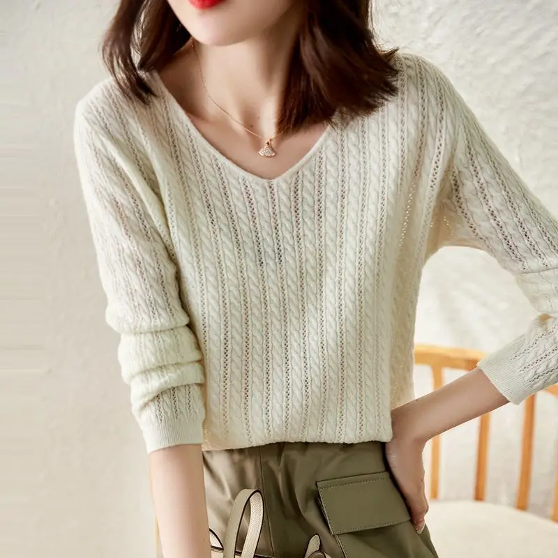 2024 New Summer Solid Color Simplicity Loose Office Lady T-shirts for Women Retro Striped Knitting Cotton Linen V Neck Chic Tops