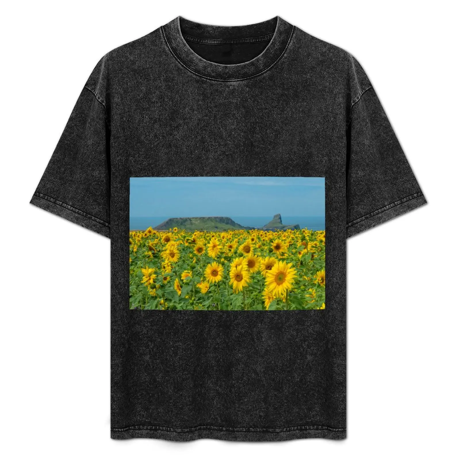 Sunflowers at Worms Head, Gower T-Shirt summer tops shirts graphic tee heavyweight t shirts for men