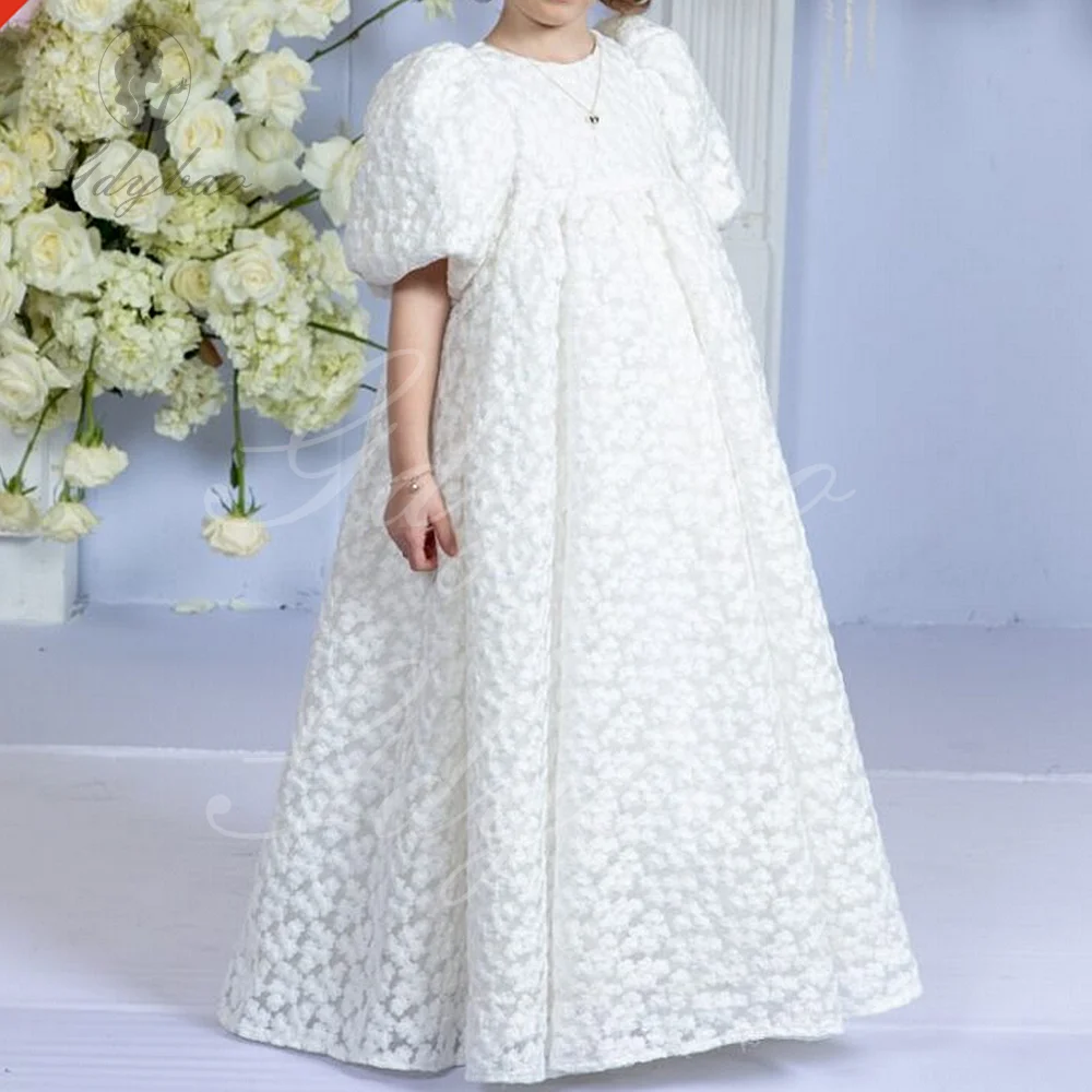 White Balloon Sleeve Flower Girl Dress Wedding Hollow Out Lace Long Princess Ball Gown Kids First Communion Pageant Party Dress
