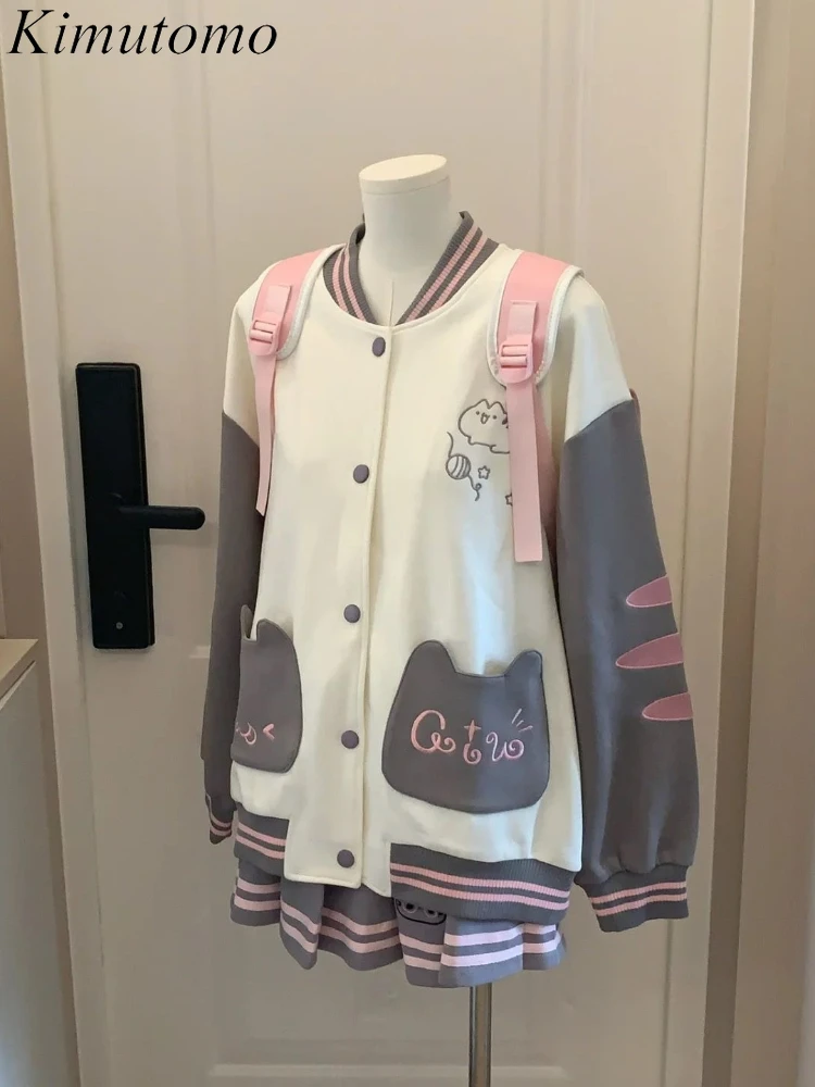 

Kimutomo Jackets Women O Neck Cartoon Printed Pockets Single Breasted Outwear Sweet Y2k Aesthetic Harajuku Coats Ladies Autumn