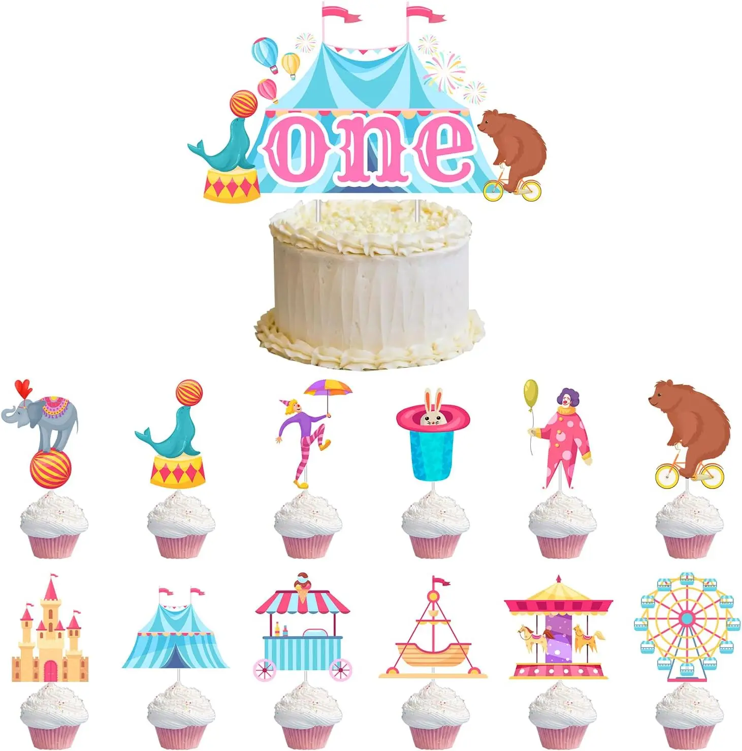 

Carnival Cake Decor, Circus Tent Carnival Birthday Cake Topper, Ferris Wheel Elephant Clown for 1st Birthday Party Supplies