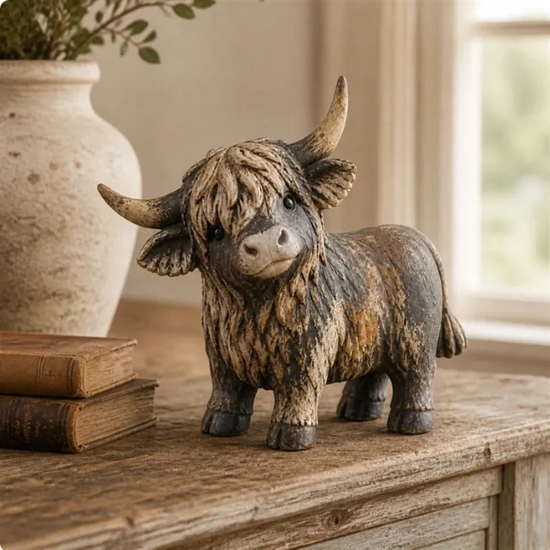 Highland Cow Figurine Resin Farmhouse Highland Cow Statue Scottish Calf Sculpture Tabletop Home Decor Ornament Gift for Tiered