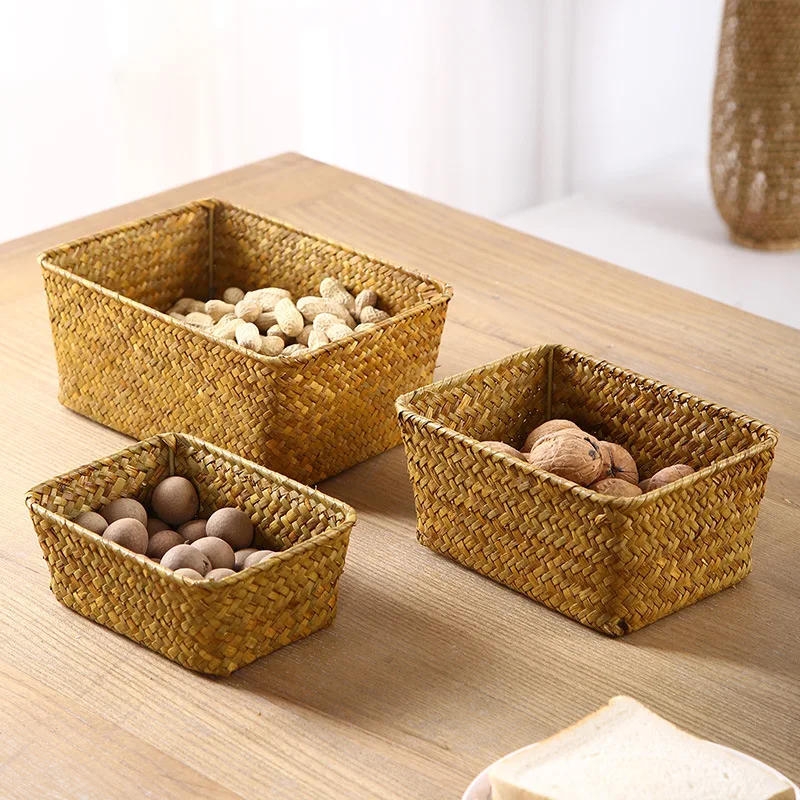 

Seagrass Woven Storage Basket Desktop Organizer Natural Fiber Box Small Storage Bin for Makeup Jewelry Keys Basket Home Decor