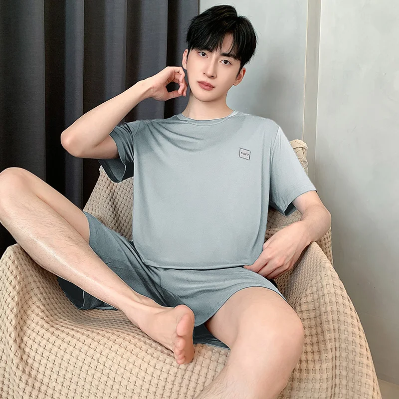 Summer Men Pajamas Set Silk Pyjamas Short Sleeve Round Neck Male Sleepwear Casual Soft Loose Mens Homewear L-5XL