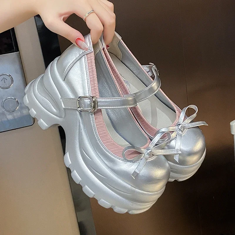 

8.5CM New Autumn Chunky Platform Butterfly-Knot Sneakers Women Punk Thick Bottom Pumps Patchwork Non Slip Walking Casual Shoes