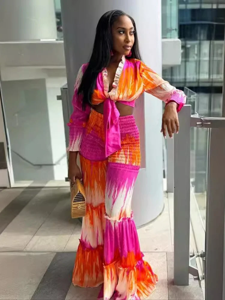 

Three Sisters Women Clothing Color Blocked Tie Dye Knot Wrapped Chest Long Sleeved Fashion Casual Wide Leg Pants Two-piece Set