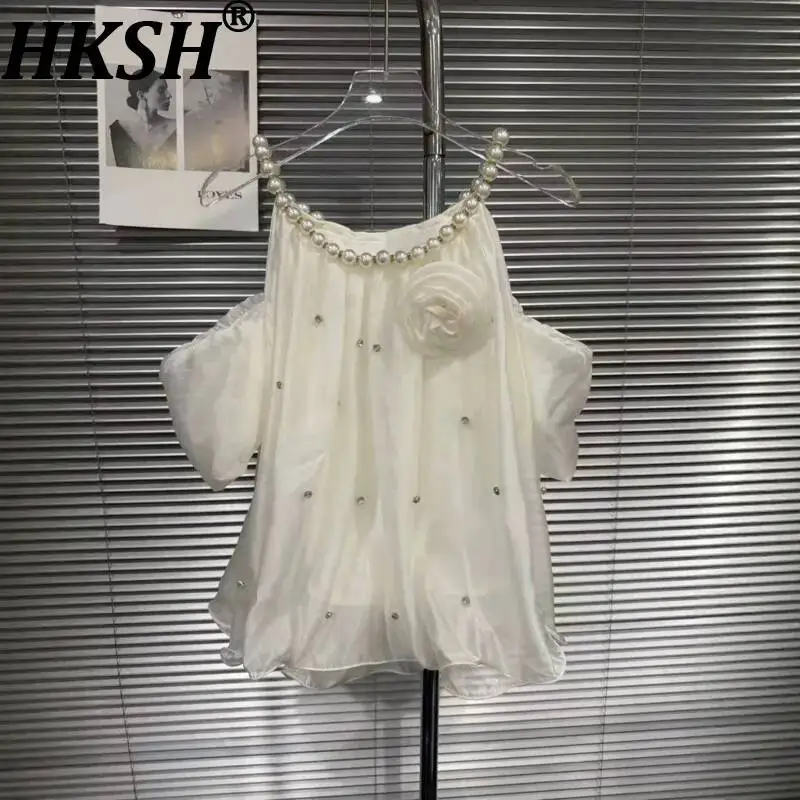 

HKSH Women Shirt Fashion Tide Heavy Diamonds Beaded Halter Neck 3D Floral Pearl Chiffon Puff Sleeves Design Niche Blouse HK24897
