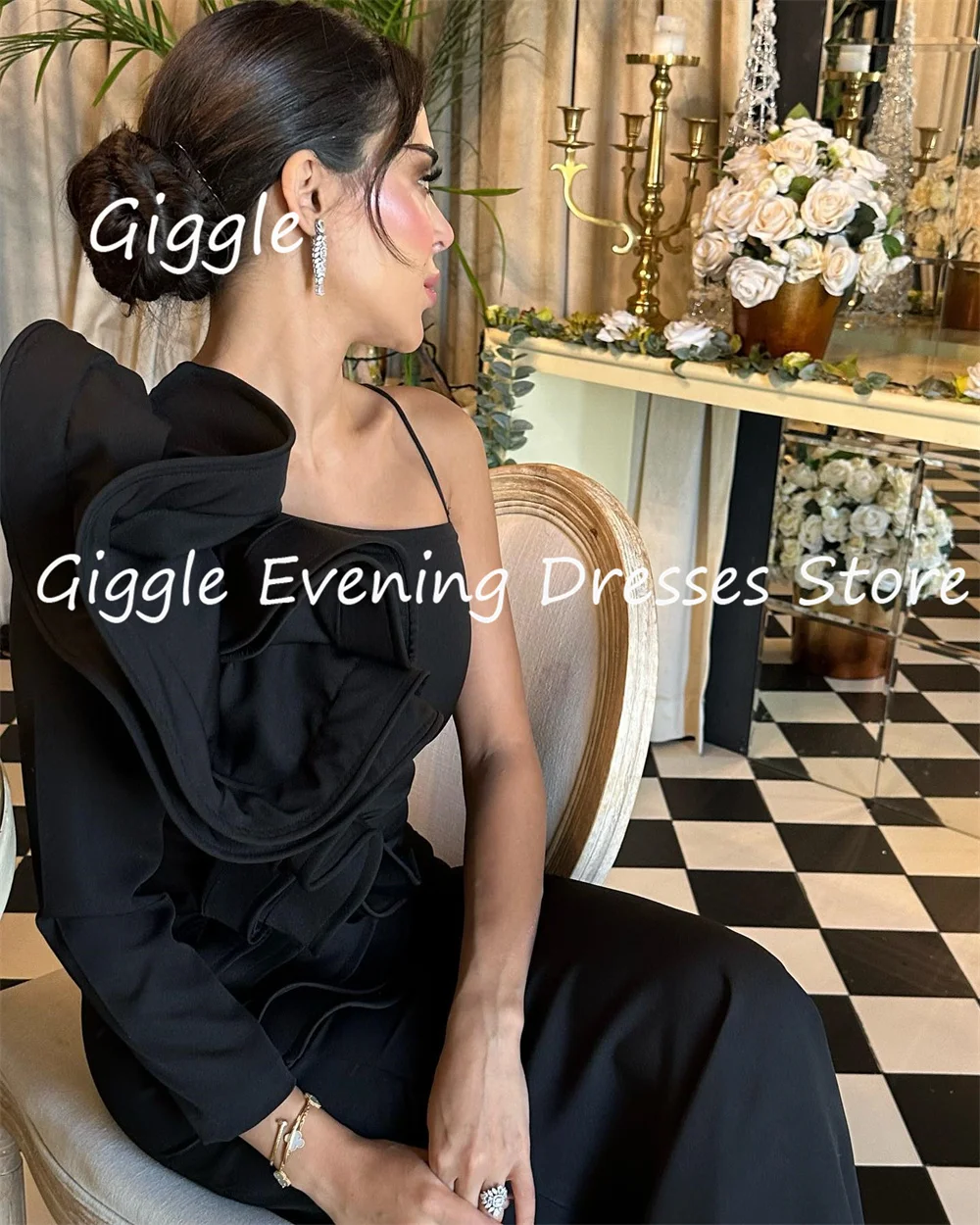 Giggle Satin One-shoulder Mermaid Ruffle Formal Elegant Prom Gown Ankle-length luxury Evening Party Dresses for Women 2023