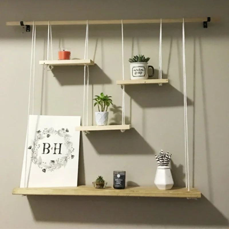 Hemp Rope Wall Shelf Creative Wall Hanging Bookshelf Solid Wood Multi-Layer Board Shelf Flat Partition Room Decoration Shelf