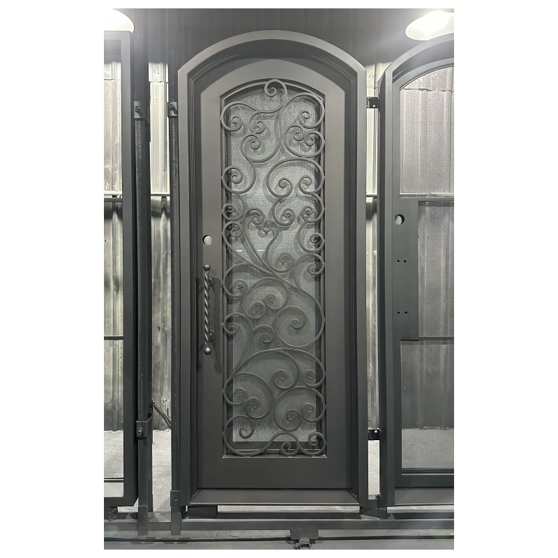 

Hot Selling Support Customization High Quality Iron Front Door Design Wrought Iron Glass Door Arch Top Wrought Iron Door