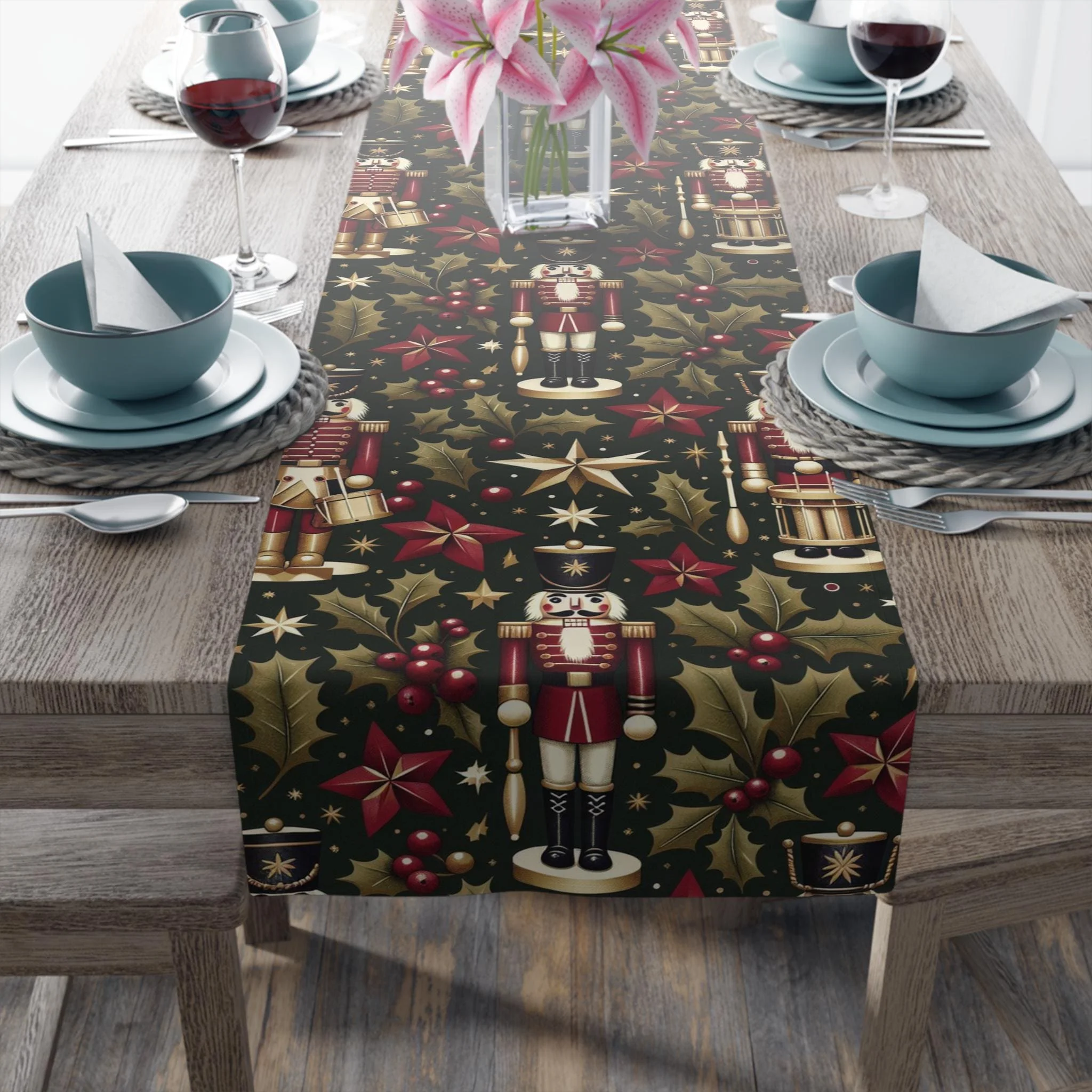 Gold Nutcracker Christmas Table Runner, Toy Soldier Holiday Decor Tablecloth for Dining Table Party, Xmas Home Decoration