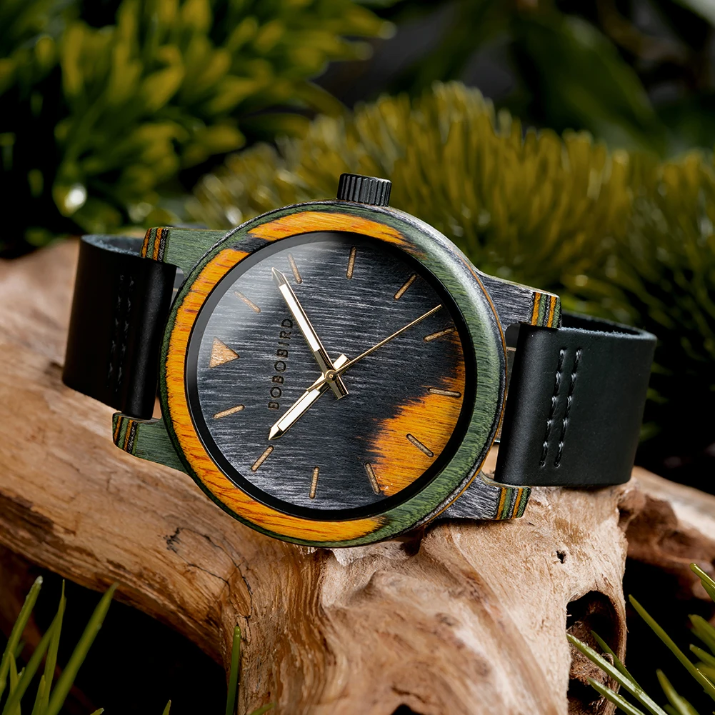 2023 BOBO BIRD Men Wooden Watches Leisure Fashion Colored Wood Quartz Wristwatch Reloj Hombre Personalized Custom Gift