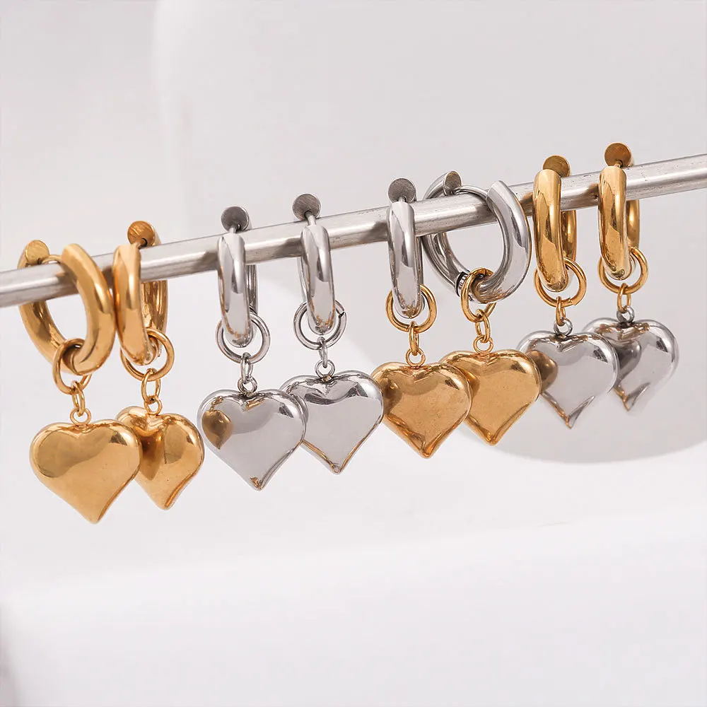 Titanium Steel Heart Drop Hoop Earrings Removable Puffy Heart Charm Huggie Earrings  Minimalist French Style Women Jewelry