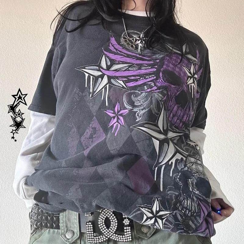 Cyber Y2K Grunge Mall Goth Top Patchwork Full Sleeve Baggy Pullovers Tees Japanese Edgy 00s Retro E-girl Gothic Emo T-shirt