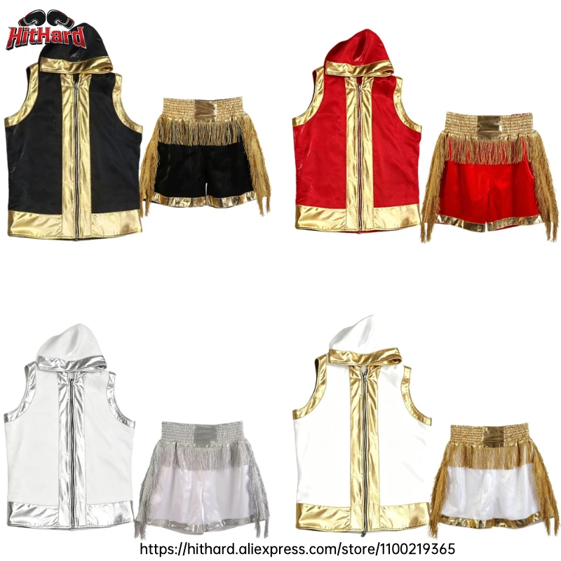 Unisex Boxing Hooded Jacket & Matching Boxing Shorts Set Full Zip Sleeveless Hoodie Muay Thai MMA Training Fighting Tracksuit