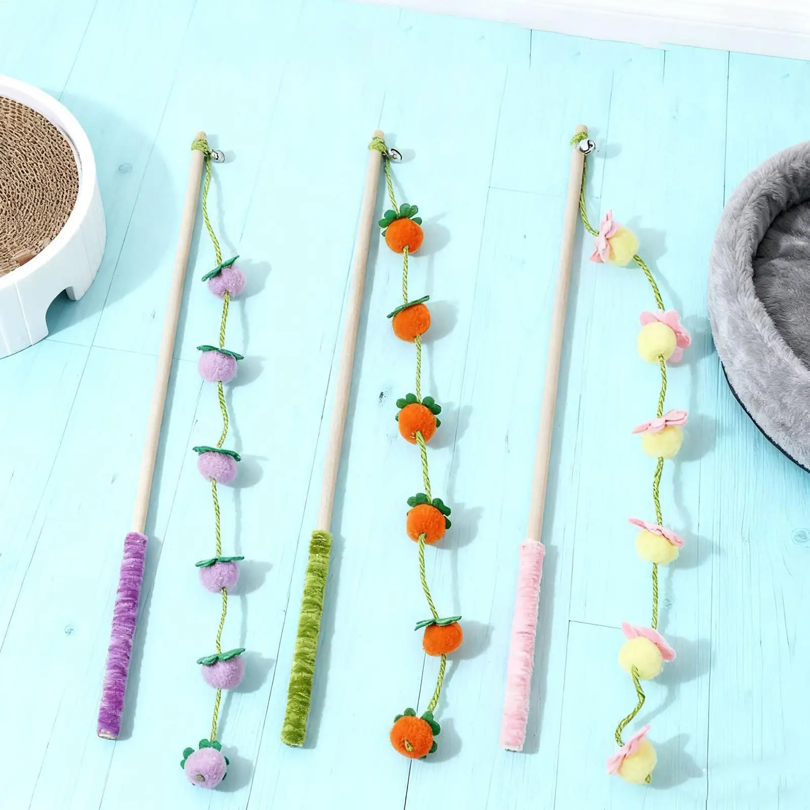 Interaktives Buntes Band-Katzenspielzeug Lustiger Frucht-Katzenstab Satin-Neckspielzeug für Katzen Kätzchen-Spielzeug Katzenbedarf – Detail 10