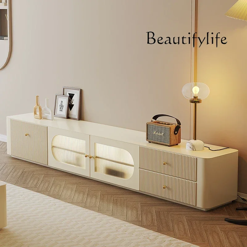 

240Cm Drawers Center Tv Stand Modern Cream Style French Solid Wood Tv Table White Universal Glass Fernsehen Tisch Furniture