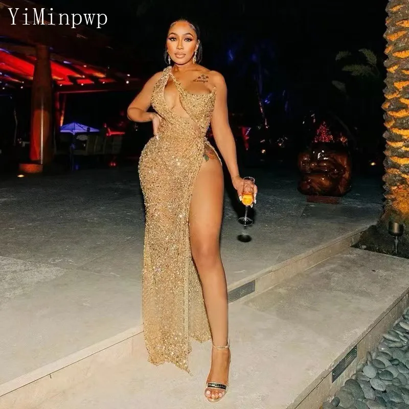 Gold Mermaid Evening Dresses One Shoulder Cut-Out Thigh-High Slits Sequin Africa Birthday Celebrity Party Gowns Customized