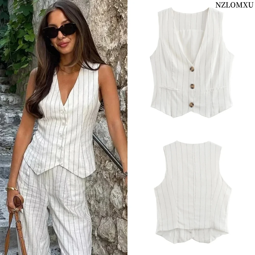 Striped Vest Top Summer Sleeveless Jackets For Women Office Wear Cropped New In Coats Casual Button Up Youthful Woman Vests