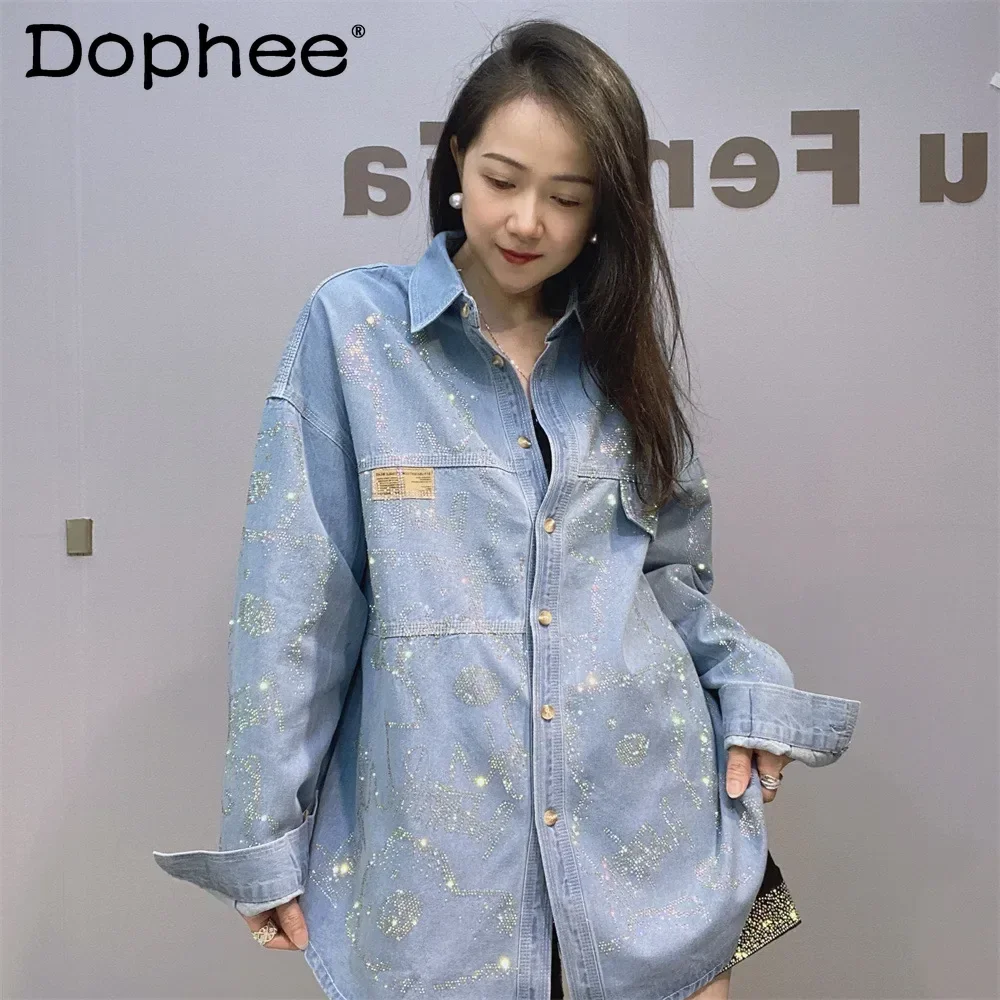 

High-end Hot Diamond Denim Shirt Women's Spring Autumn New Loose and Versatile Casual Jacket Long Sleeve Cartoon Top