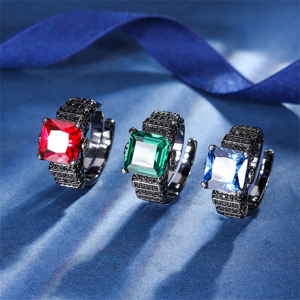 

Princess Square Black Gold Ring For Women Main Stone 10*10 Luxury Square Gemstone Ring Versatile Fashion Stainless Steel Jewelry