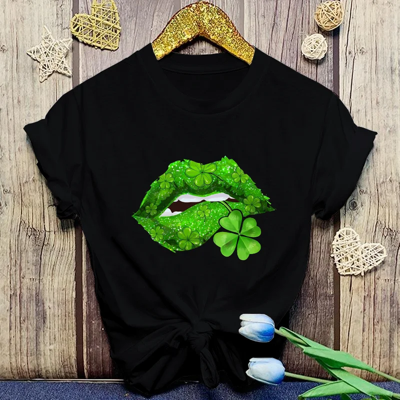 Women's Fashion Lips Clover T-Shirt Women's St. Patrick's Day T-Shirt Cool Lips T-Shirt Clover T-Shirt