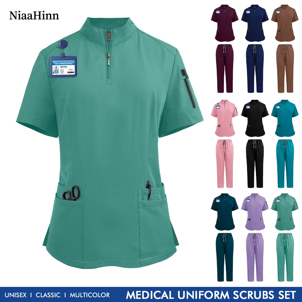 

Dental Clinic Nursing Sets Short Sleeved Solid Color Surgical Clothes Medical Accessories Manicurist Beautician Scrub Sets Women