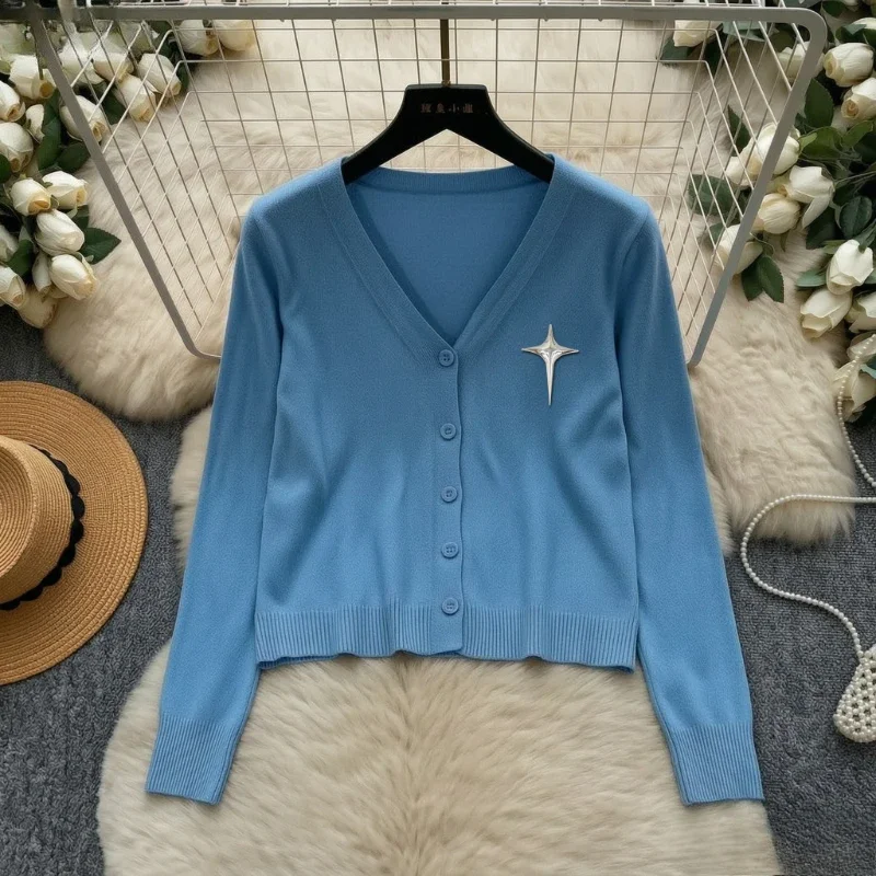 V Neck Women Knit Cardigan Long Sleeve Star Brooch Decor Elastic Cropped Slim Simple Daily Short Outerwear Jacket Top
