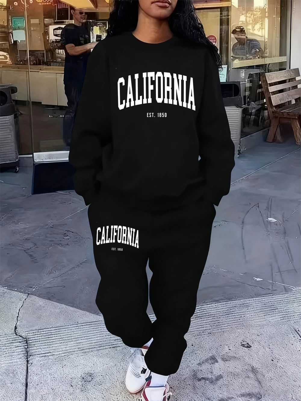 2 Pcs Hoodies Set Women California 1850 Letter Print Sweatpants Fleece Pocket Sweatshirt Jogging Outfits Winter Loose Clothes