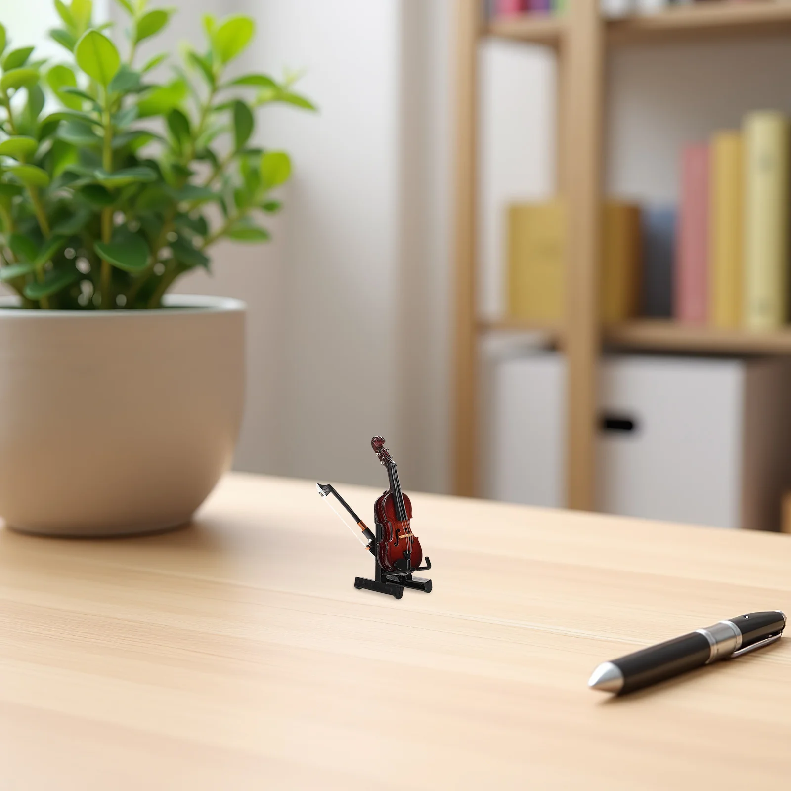 

Mini Wooden Violin with Stand Bow Case 7Cm Decorative Tiny Instrument for Shelf Office Home Study Music Theme Collection Natural