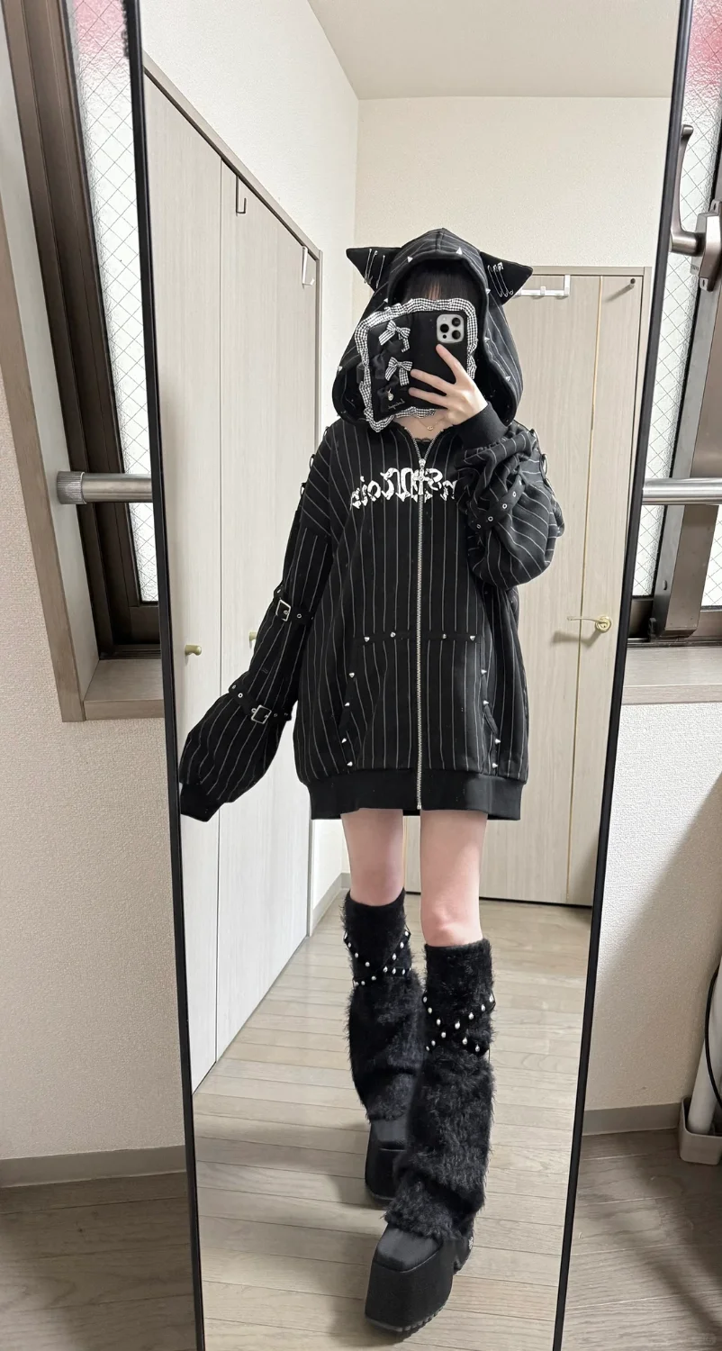 Autumn American Vintage Y2K Punk Coat Women Zipper Striped Loose Cat Ear Hoodie Subculture Heavy Craft Street Style Sweatshirt