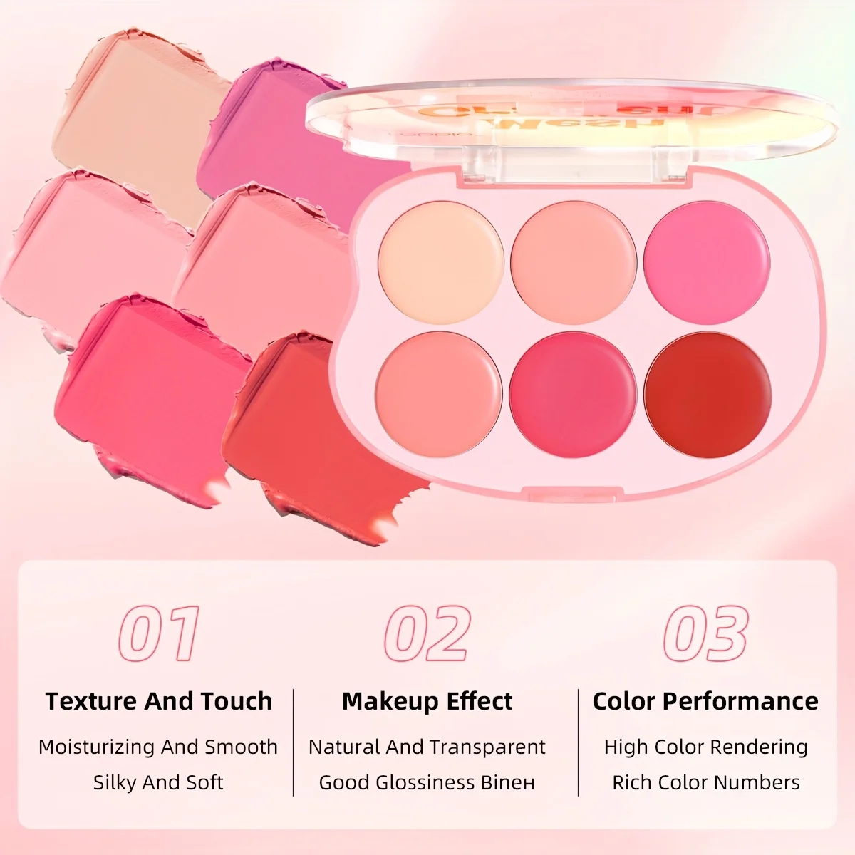 Rossetto sfumato 2 in 1 + tavolozza di fard, caratterizzato da fard e rossetto, 6 tonalità di colore, duraturo e impermeabile