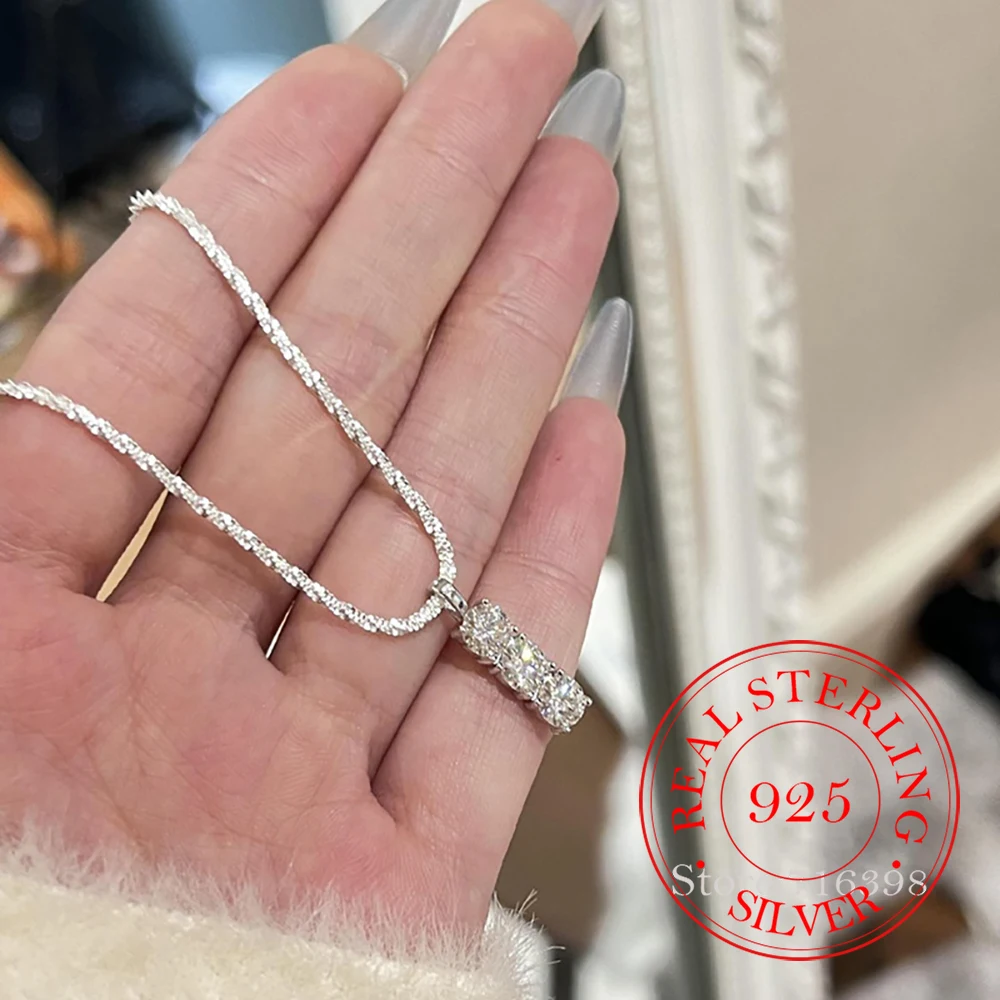 

925 Sterling Silver Zircon Crystal Long Stick Geomatric Pendant Necklace For Women Choker Chain Wedding Party Jewelry Gift