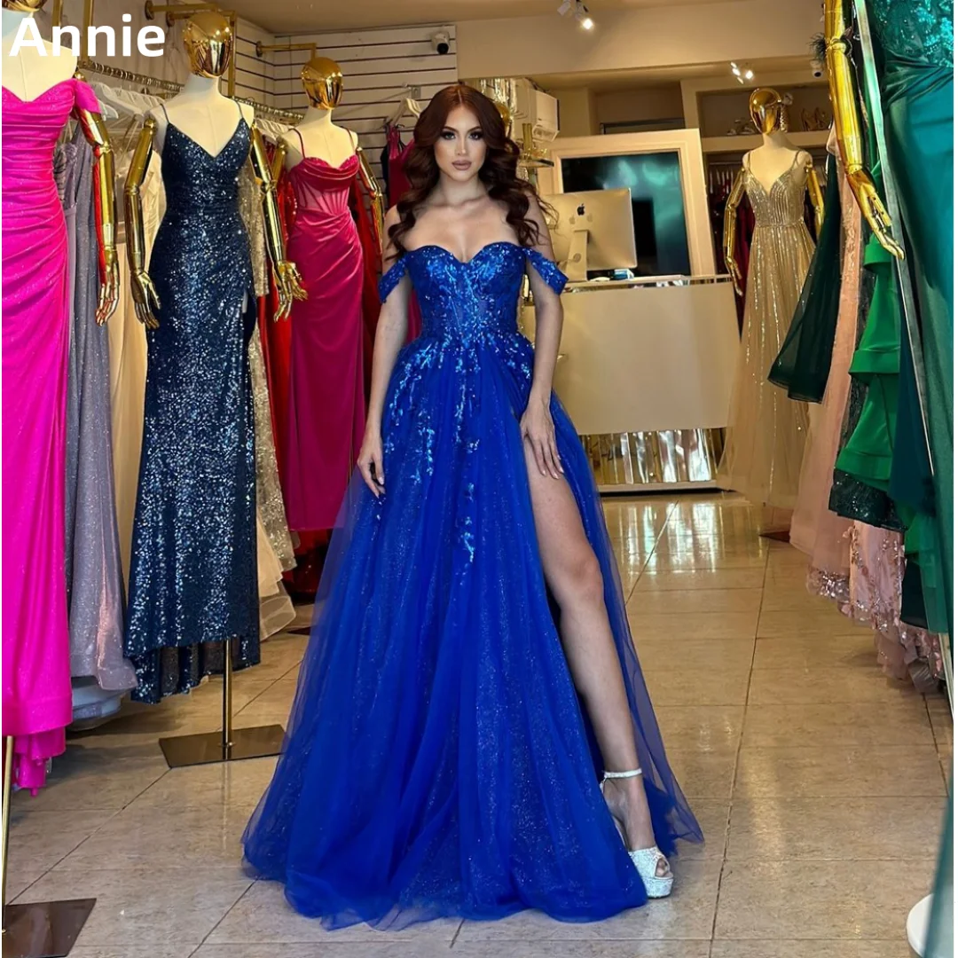 Annie-vestido de novia azul bordado con lentejuelas brillantes, vestidos de graduación con hombros descubiertos, línea A de tul, vestidos para ocasiones a medida