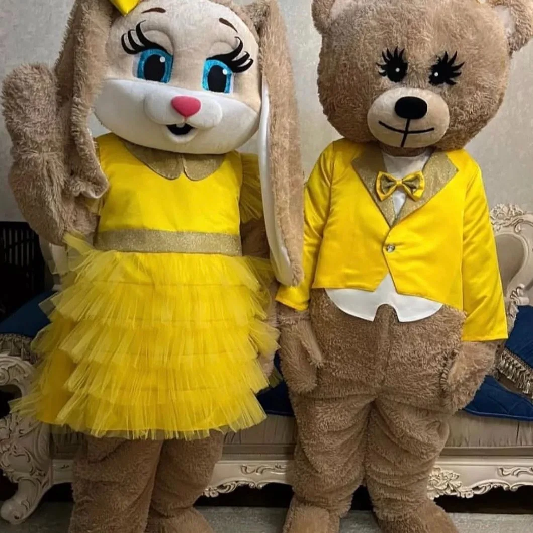 Cute Brown Bear Rabbit Mascot Costume Easter Bunny with Yellow Suits Wedding Dress Hallowee Christmas Fancy Party Outfits