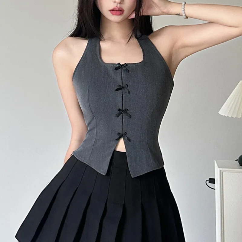 Grunge y2k Grey Sleeveless Slim Split Vest Women Bow Stitched Halter Tank Top Chic Fashion Crop Tops 90s Vintage Clothes