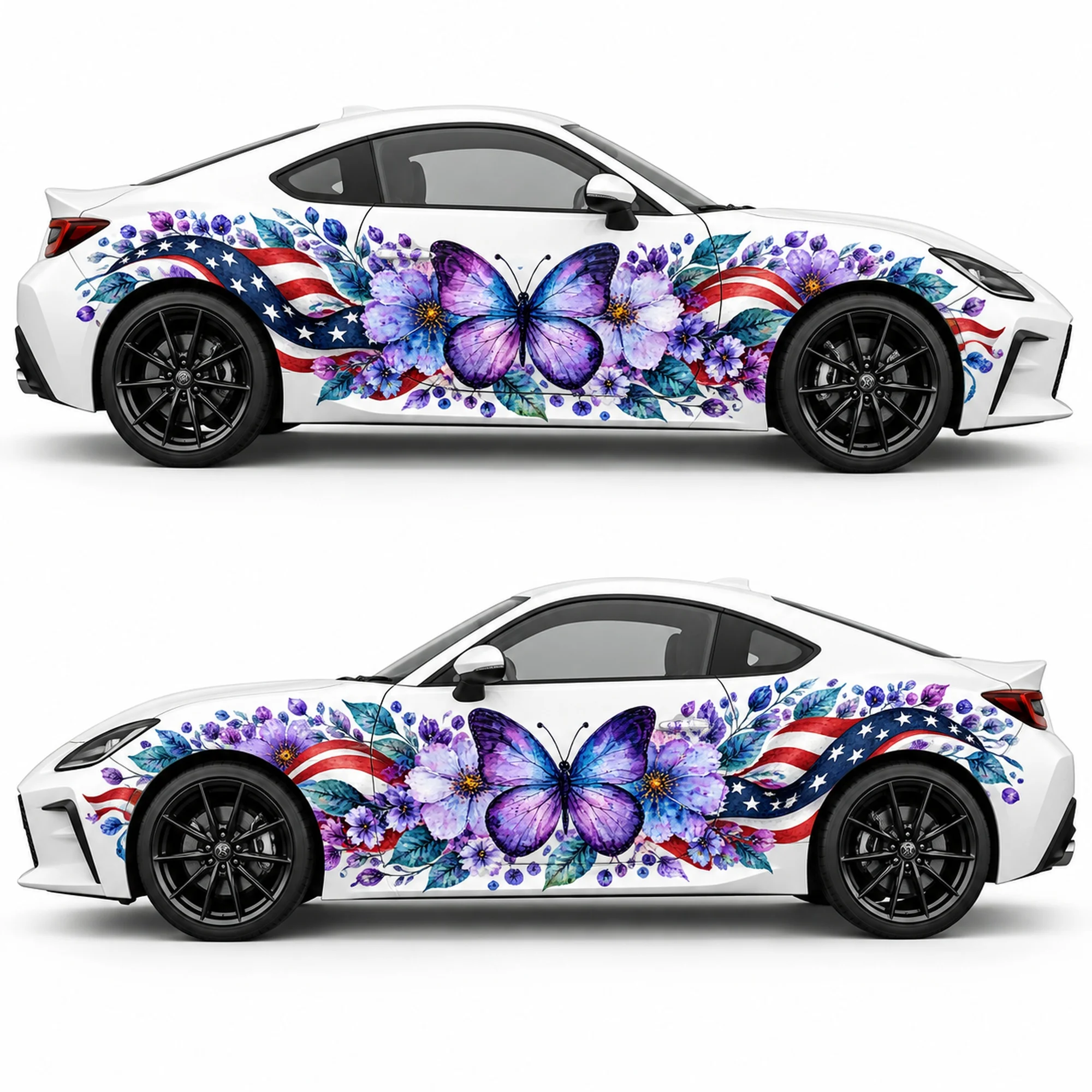 2 PCS American Flag Periwinkle Butterfly Garden Car Side Decals, Die-Cut Vinyl Sticker Set