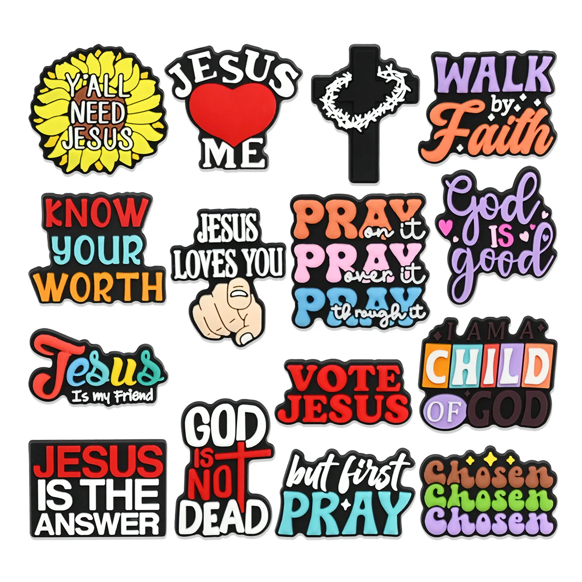 15Pcs Pray Series Shoe Charms For Shoe Key Chain Sandals Beach Bags, PVC DIY Shoe Decorations Accessories Shoes Pin