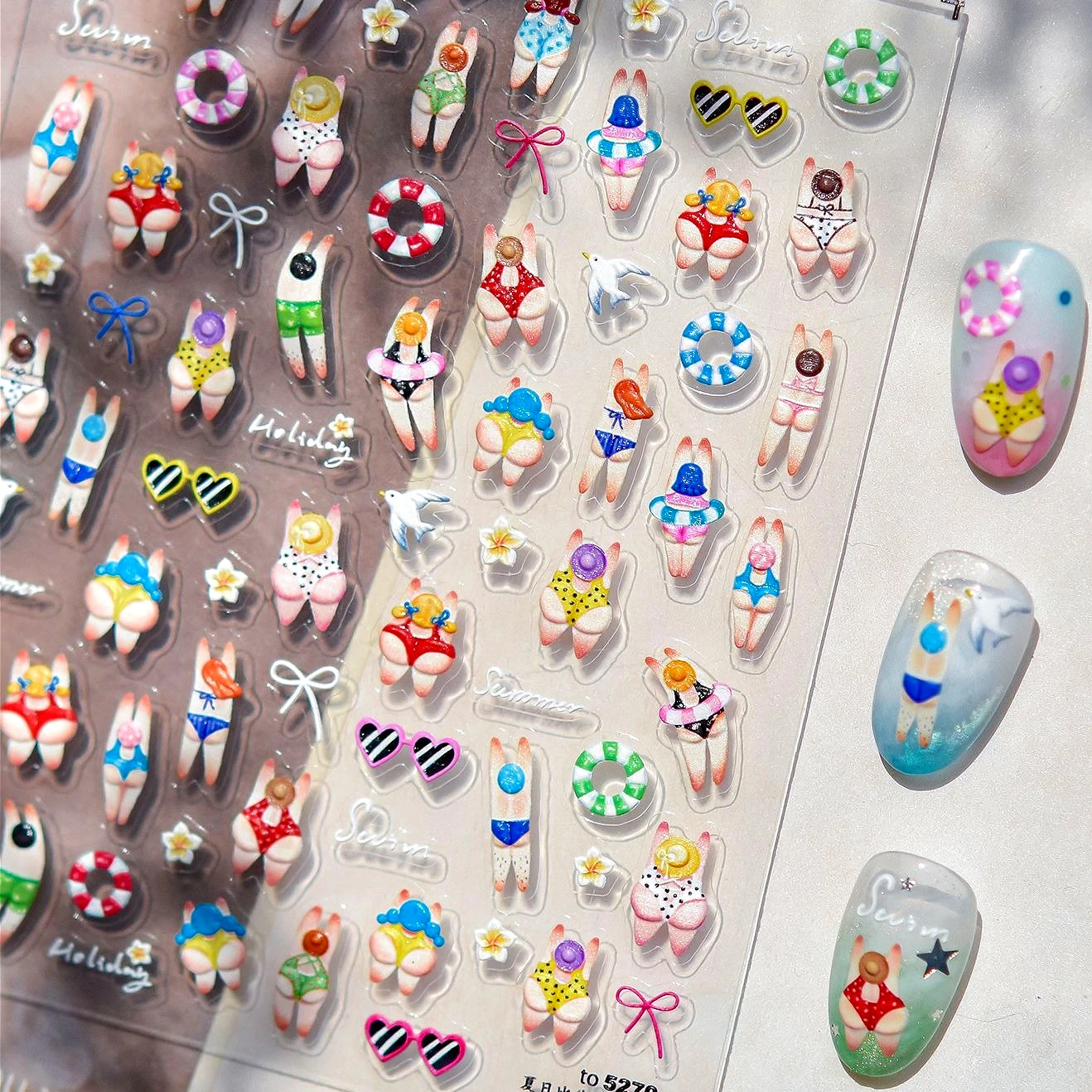 

Swimming Boy Girl Sexy Body Bikini Cork Hoop Sunglass Frangipani Shell Conch Goldfish Summer Sea Beach Nail Art Stickers Decals