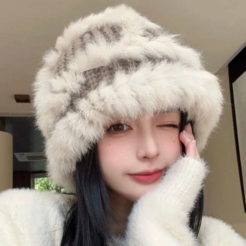 

Plush Fisherman Hat for Women Autumn and Winter Versatile Knitted Hat Thickened Warm Ear Protecting Trendy Cap