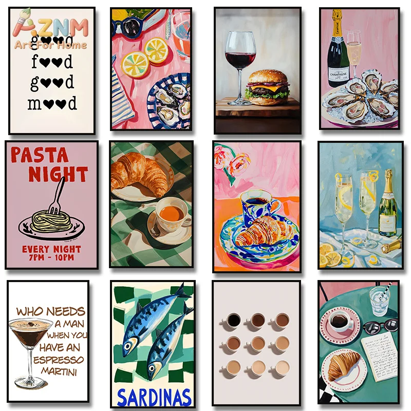 AZNM Retro Colorful Food Drink Canvas Wall Art Print, Pasta Croissant Wine Oyster Coffee Fish Trendy Kitchen Dining Room Aesthet