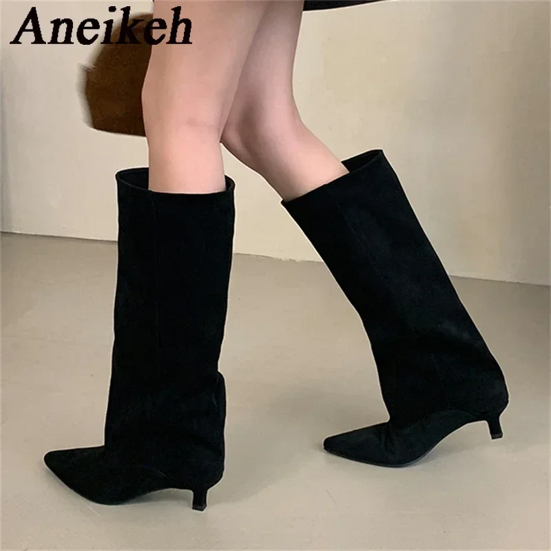 Aneikeh outono inverno apontou toe na altura do joelho botas sapatos mulher 2025 tendência designer vintage fino sapatos de salto baixo botas modernas