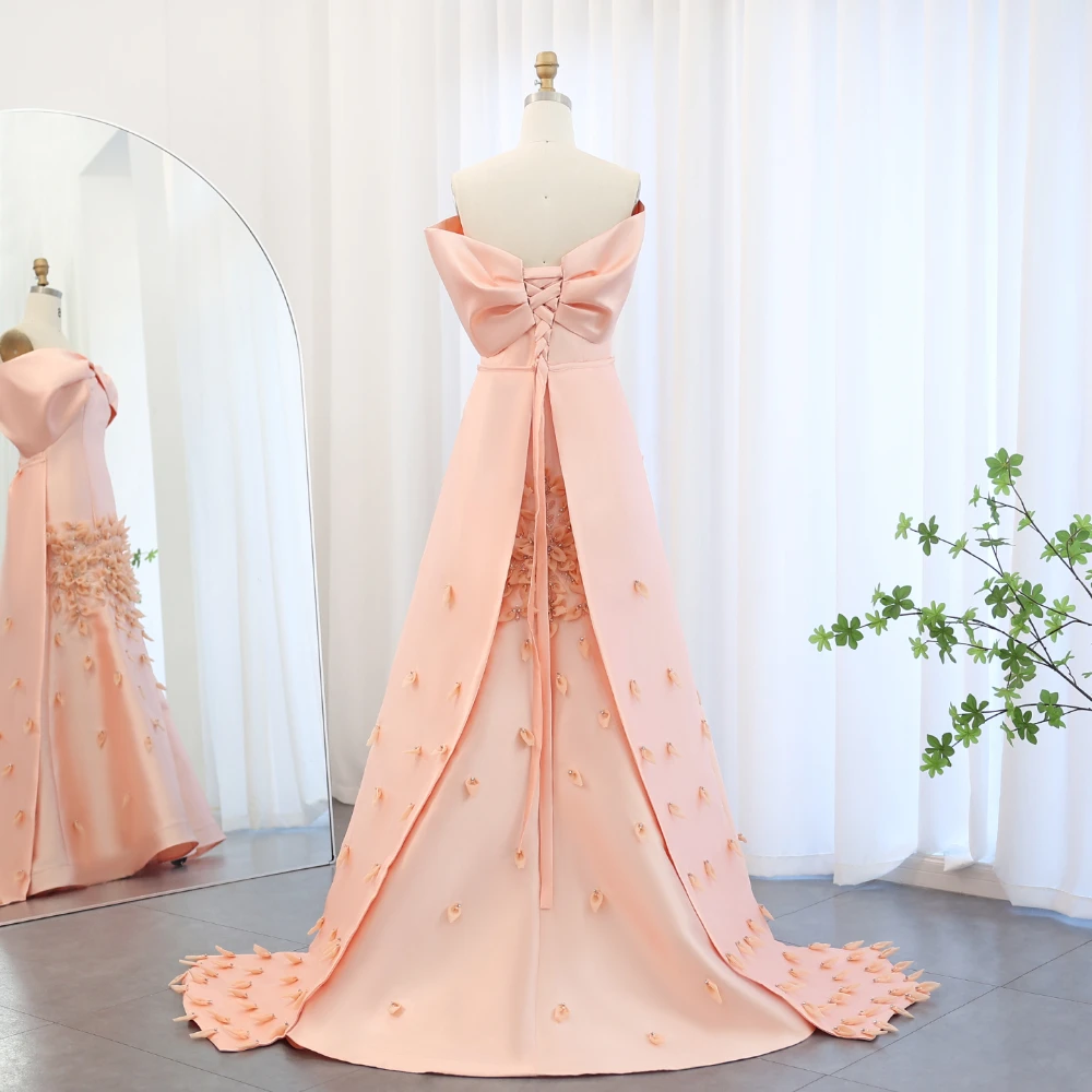 Luxury Pink 3D Flowers Satin Evening Dresses Elegant Off the Shoulder Beads A-Line Wedding Party Gowns Fashion Prom Dresses