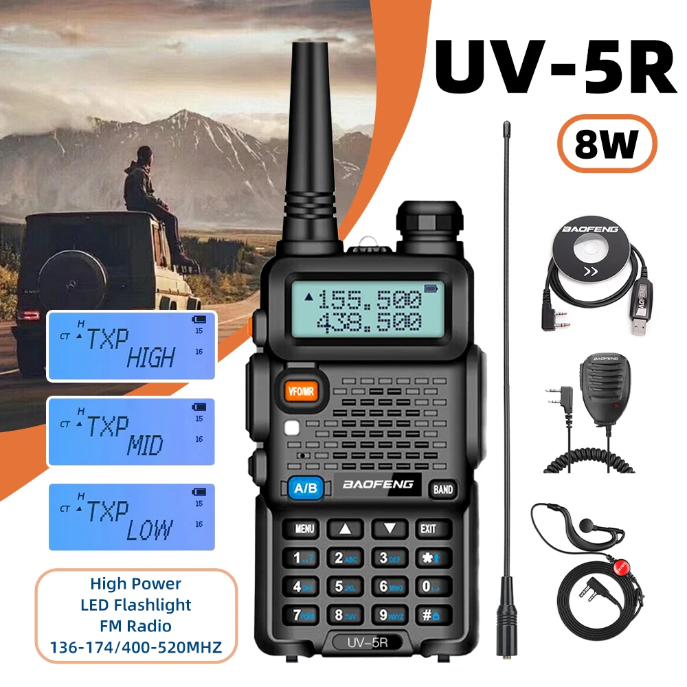 High Power UV-5R 5W/8W Baofeng Walkie Talkie Dual Band VHF UHF FM Long Range 128CH 1800mAh Portable Handheld Two Way Radios