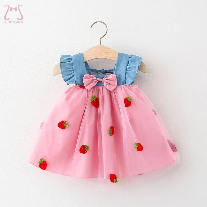 Simple Children's Dresses Summer Sleeveless Bowknot Cherry Embroidery Mesh Baby Girl Clothes 0 to 3 Years Old Kids Costume