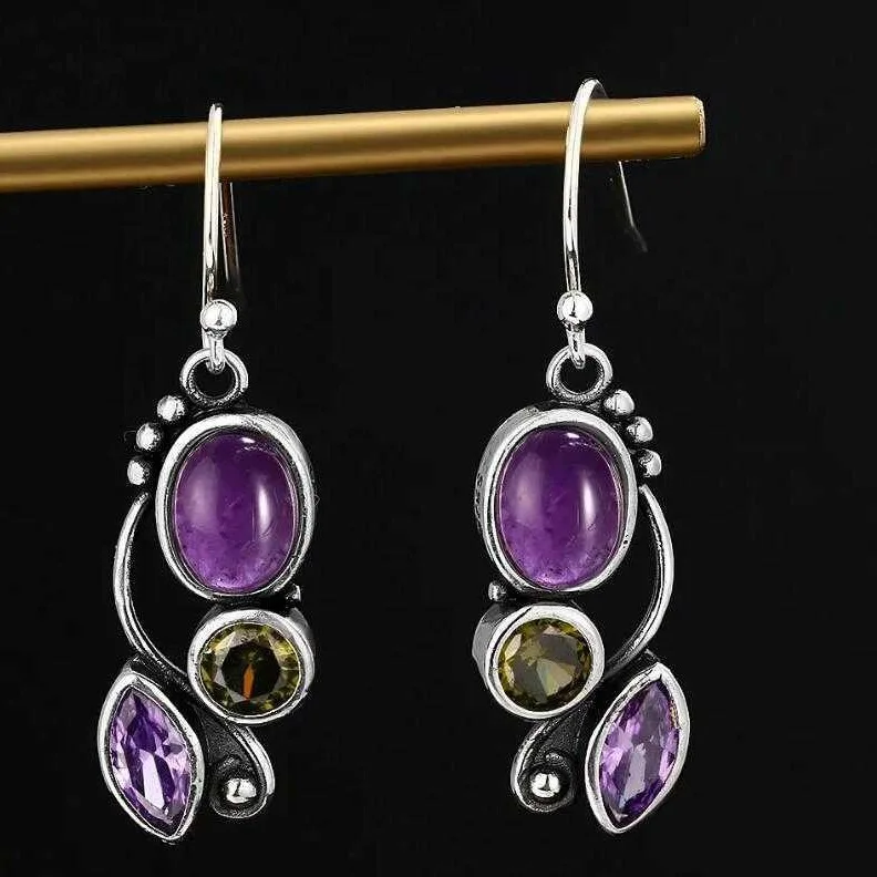 

Vintage Women's Drop Earring with Natural Stone Purple Yellow-green Color Zircon Fashion Pendant Earrings for Women