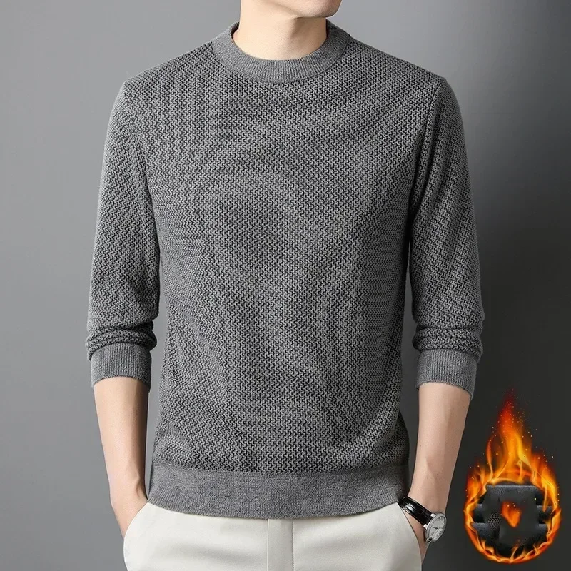 Autumn and Winter Men's Pullover Round Neck Solid Screw Thread Plush Thickened Sweater Knit Underlay Fashion Formal Casual Tops