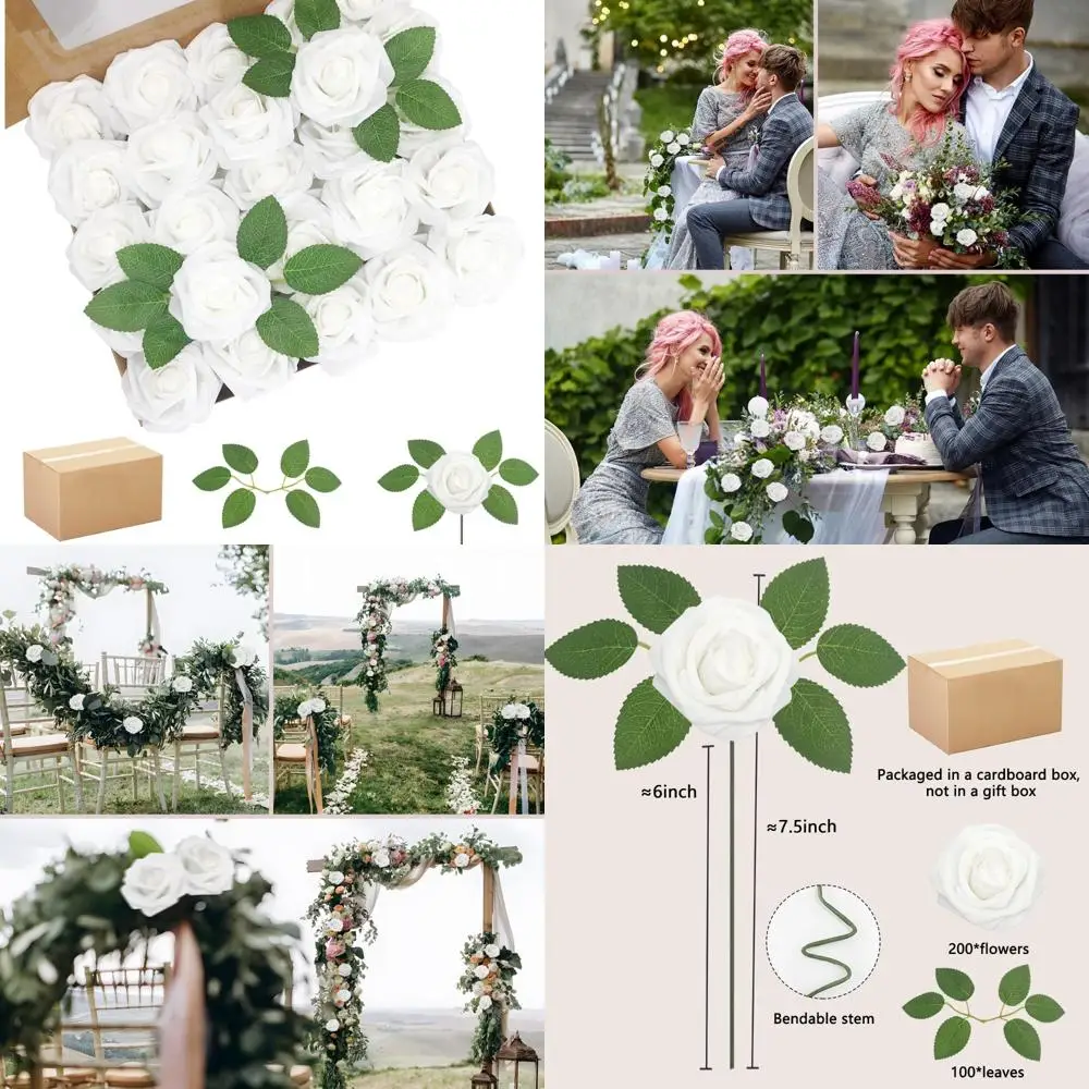 Fiori finti in schiuma di rose bianche artificiali con foglie per bouquet da sposa fai da te, addio al nubilato e decorazioni centrotavola